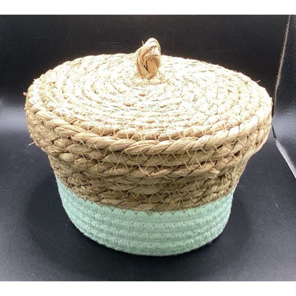 Woven Acorn Basket w/ Light Turquoise Blue Rope Base w/ Lid - 4.5" x 7.5" Decor
